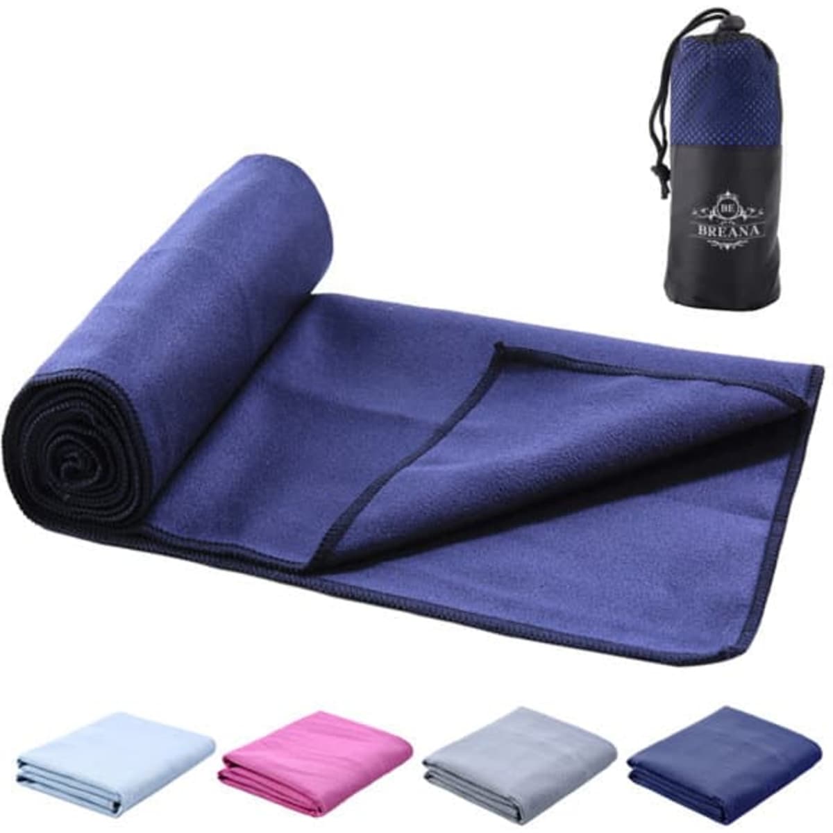 A rolled double-sided fleece microfiber sports towel in navy, with a small storage pouch and additional colours displayed.