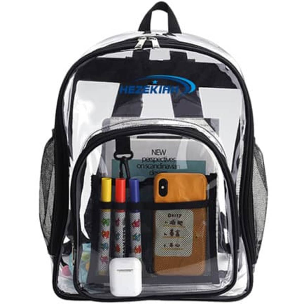 A transparent clear backpack in black and clear, featuring mesh side pockets and various items like pens and a phone inside.