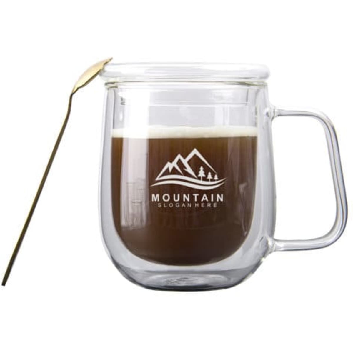 A glass mug with a lid, featuring a double-layer design and a handle, filled with coffee, alongside a spoon.