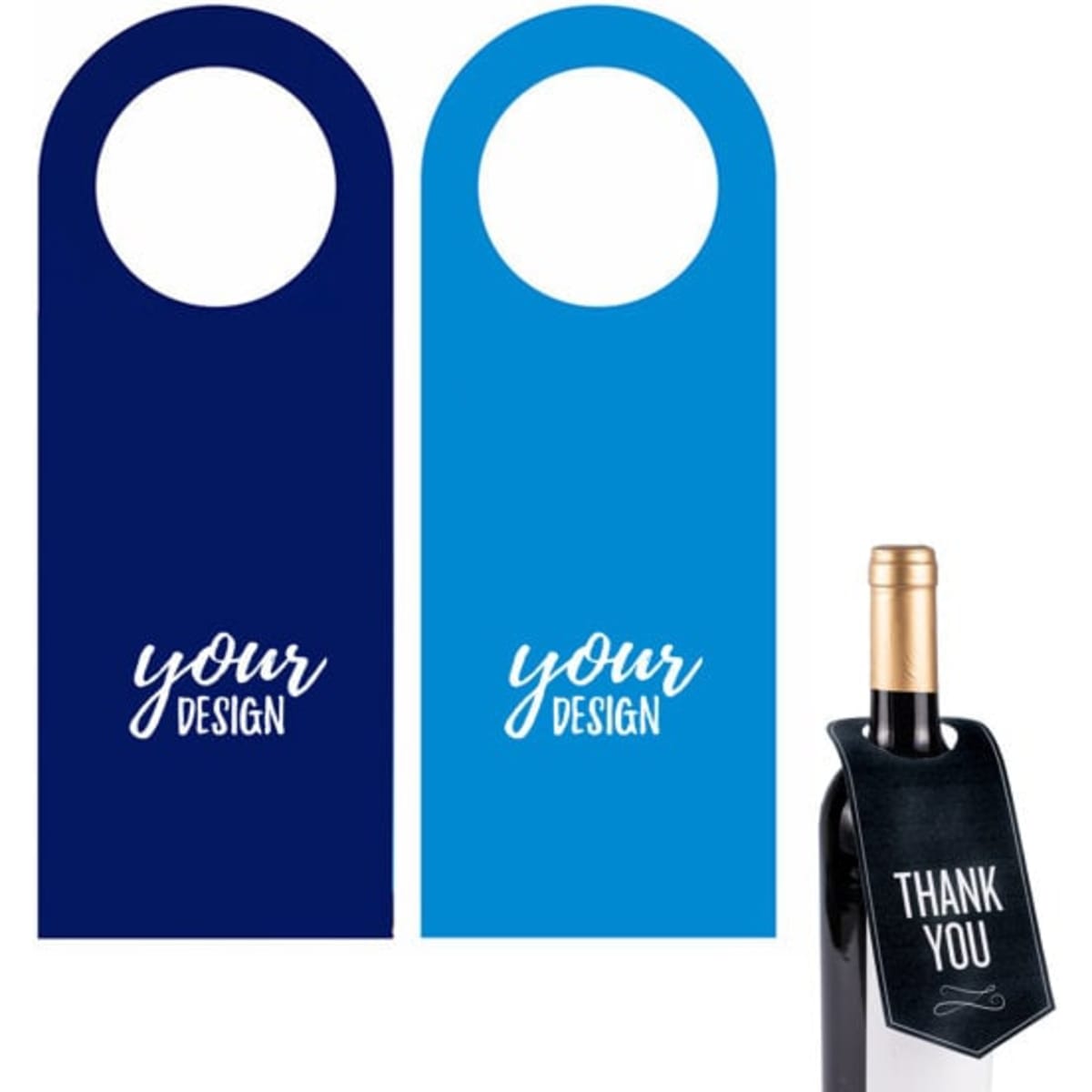A drink bottle neck tag in navy blue, light blue, and black, featuring a logo and space for custom design.