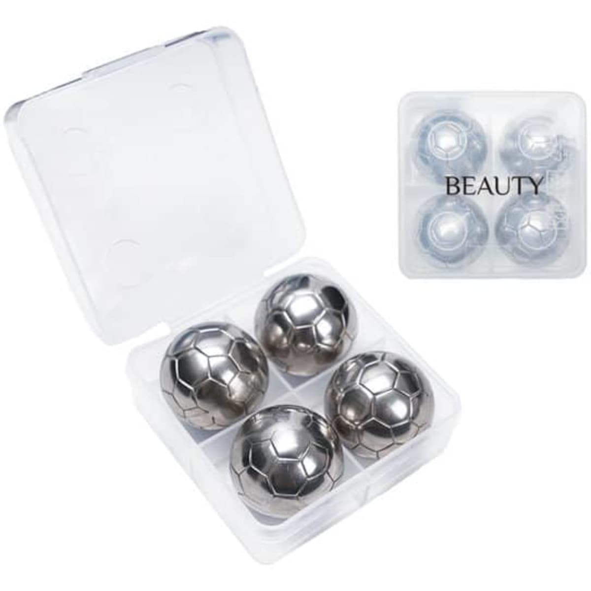 A clear container holding four stainless steel football-shaped ice cubes, featuring a logo on the packaging.