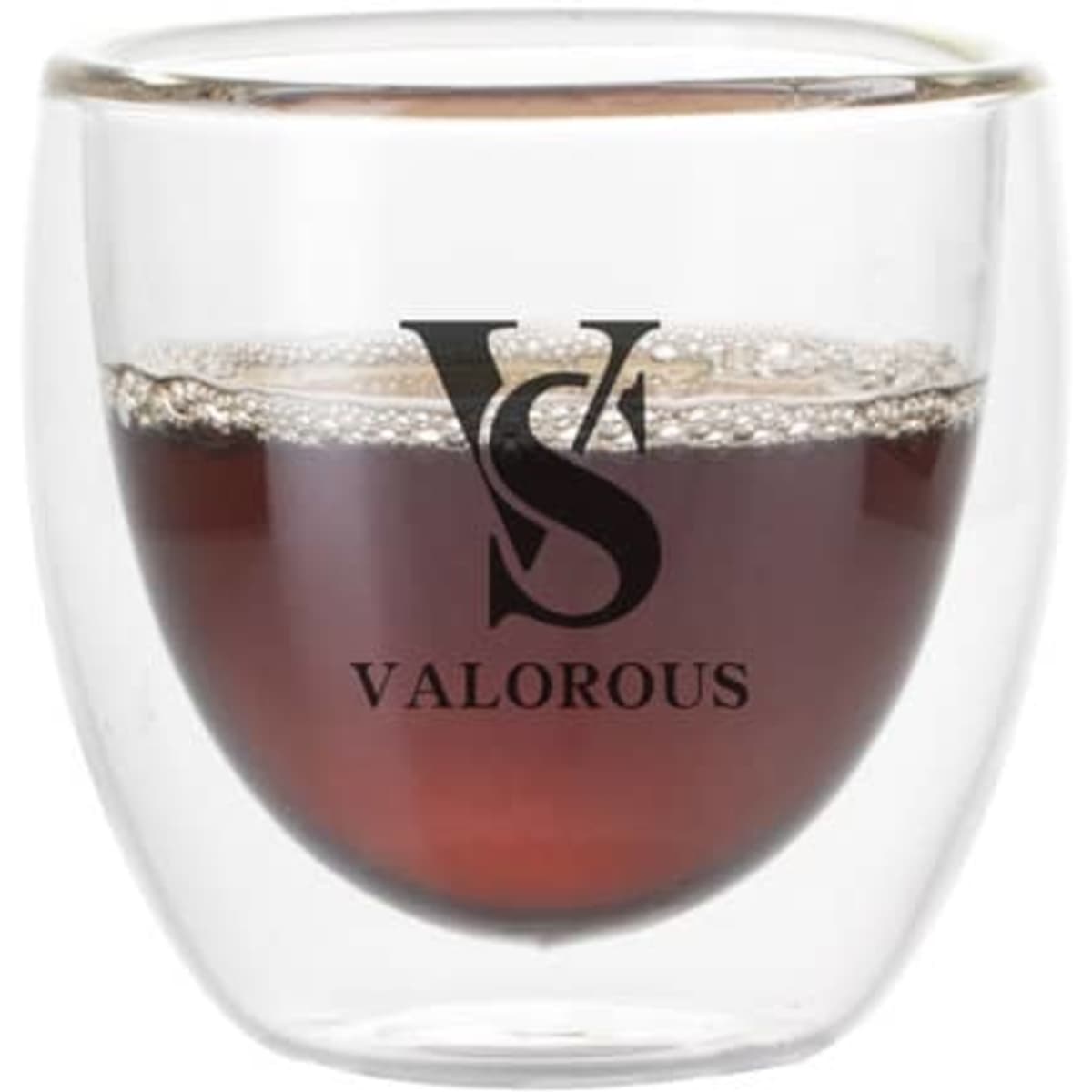 A transparent double-layer glass coffee cup containing a dark drink, featuring a logo on the front.