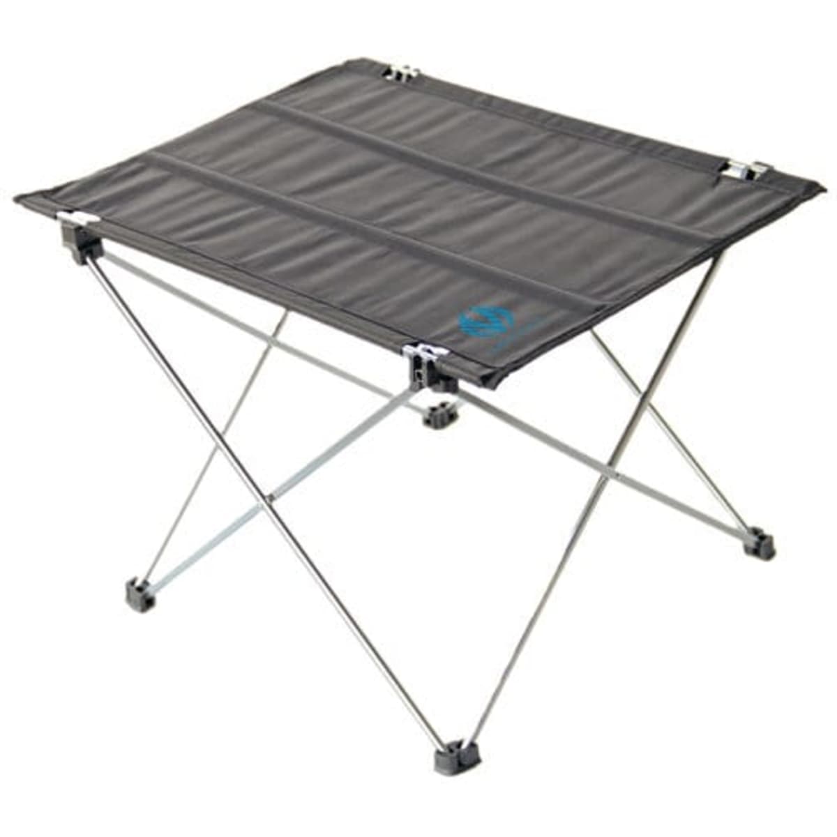 A folding table in black with a silver frame, featuring a logo on one side and designed for outdoor use.