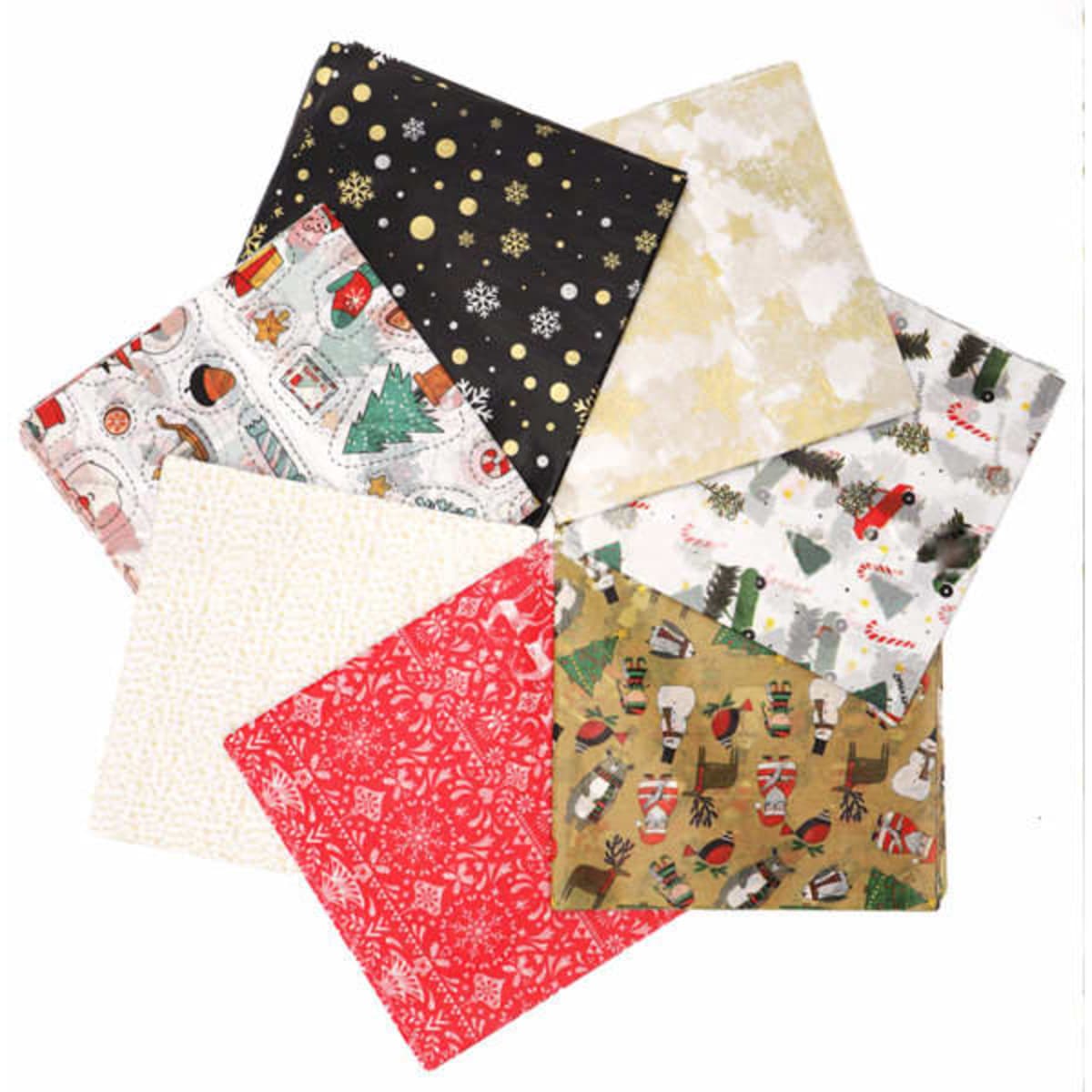 A collection of eight sheets of personalised gift wrapping paper, featuring festive designs in red, green, black, and gold.