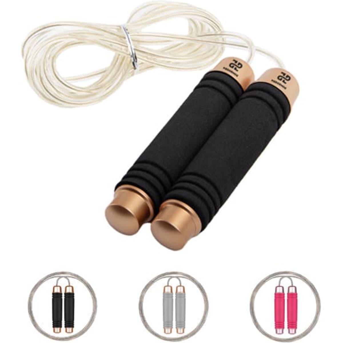 A weighted steel wire jump rope with black handles and metal ends, featuring a flexible wire for easy use.