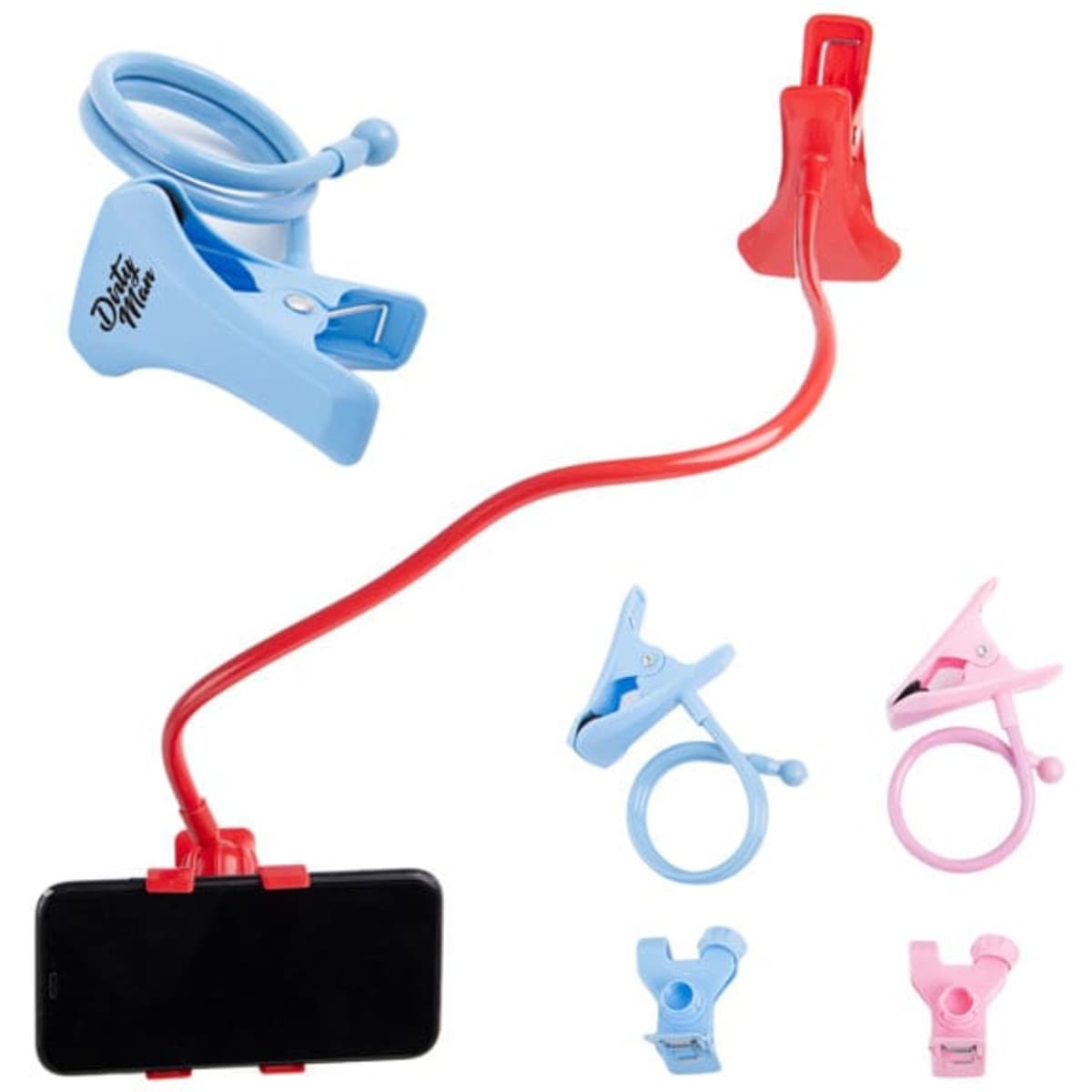 A flexible long arm phone holder with red, blue, and pink clips for securing devices. Includes a phone mount at one end.
