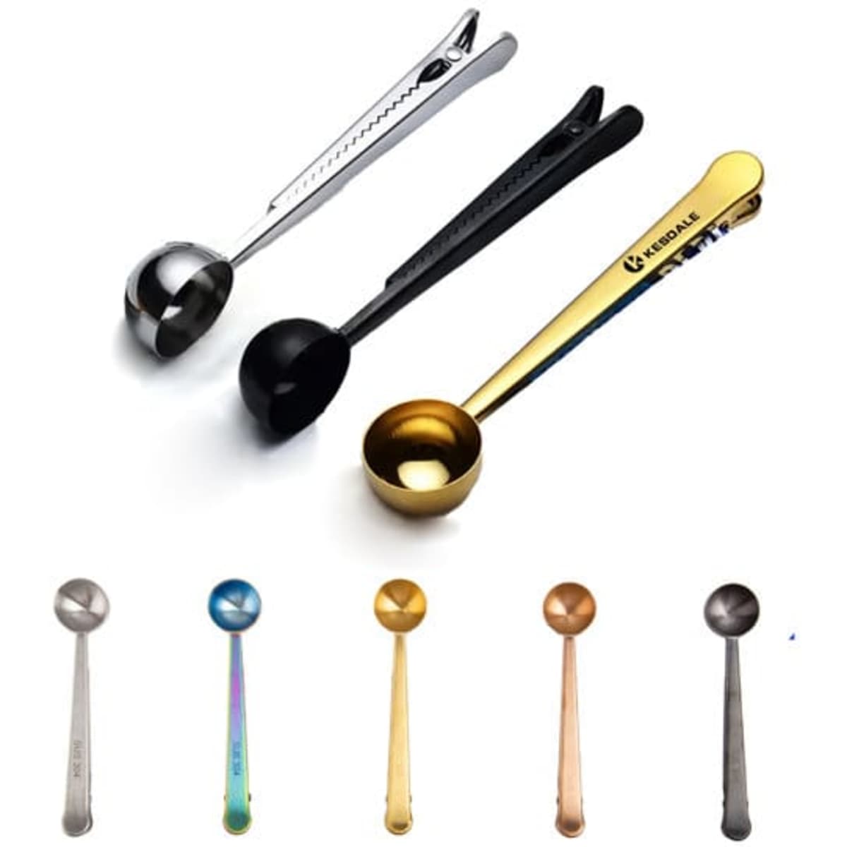 A set of stainless steel coffee spoons with clips in silver, black, gold, and other colours, featuring a sleek design.