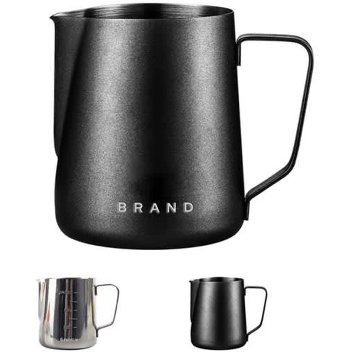A stainless steel milk frothing pitcher in black, featuring a handle and a measuring scale inside. Includes a logo.