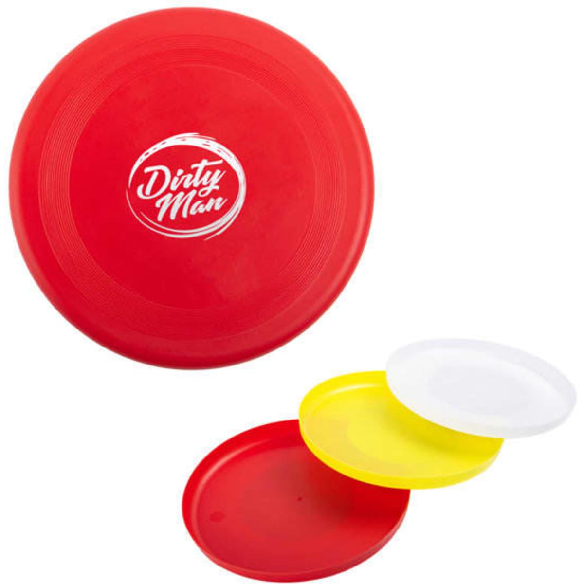 A red frisbee with a logo alongside white, yellow, and another red frisbee, all featuring smooth surfaces.