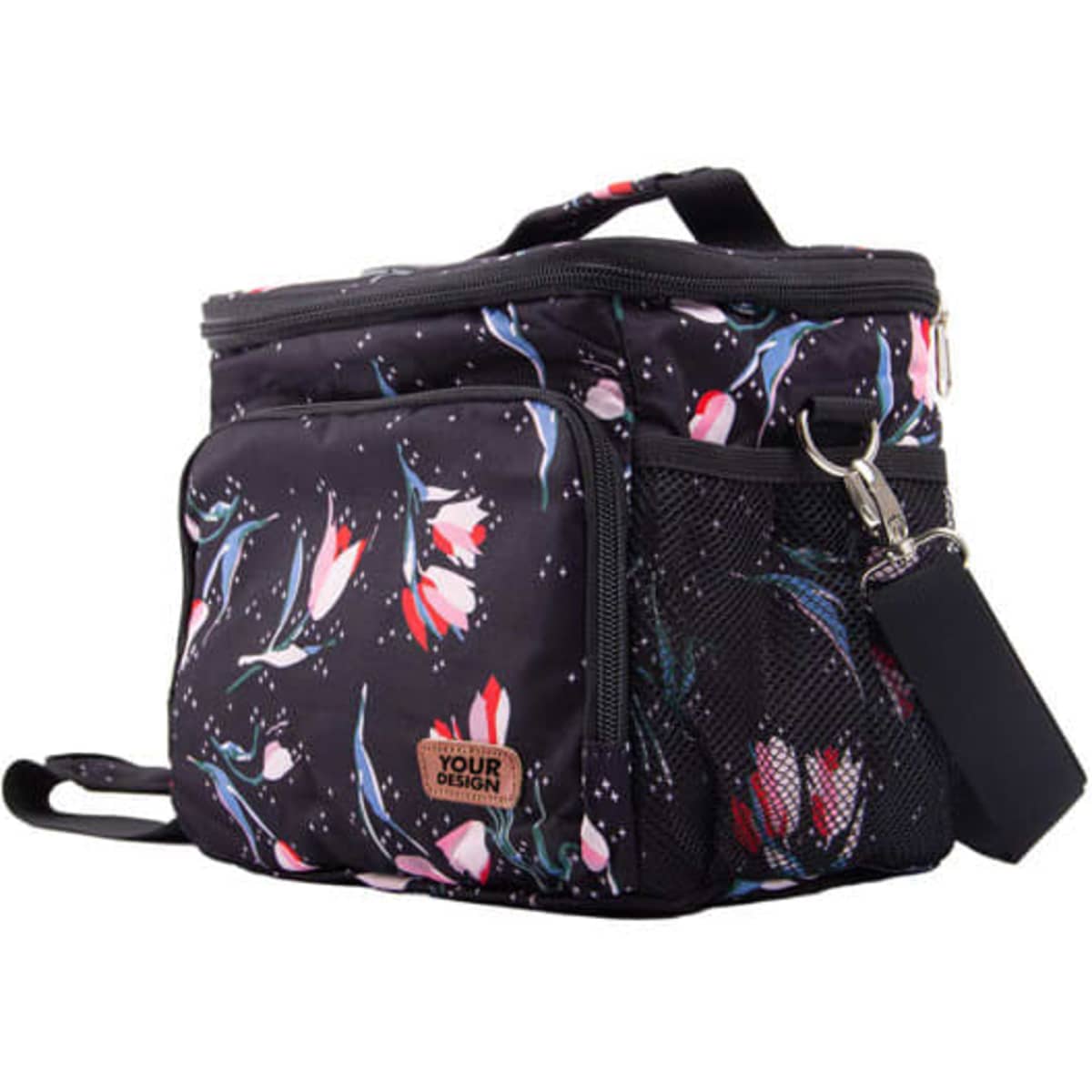 A large insulated lunch bag in black with a floral design, featuring a side pocket and a branding label.
