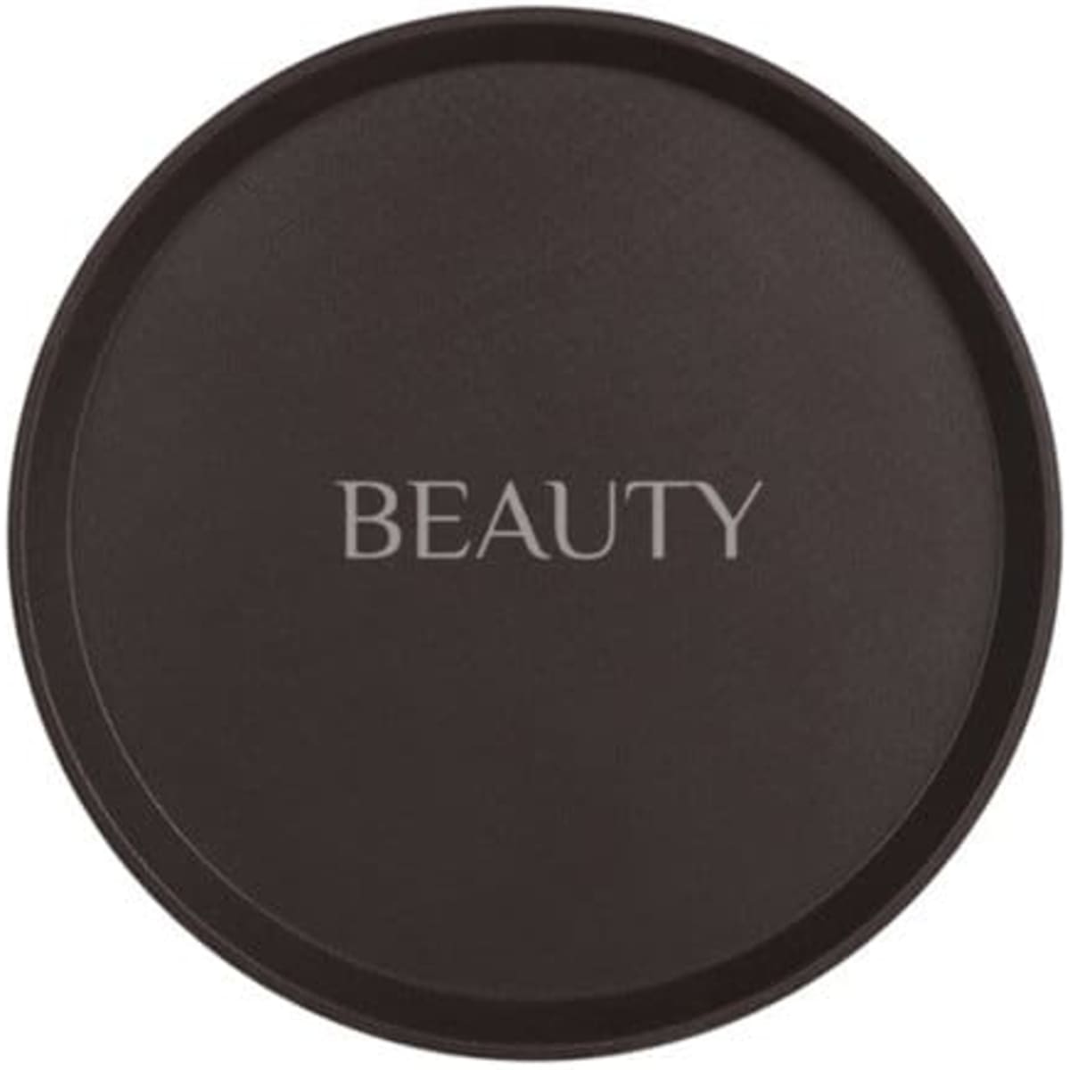 A round, black tempered non-slip food service tray with a slight lip and a logo in the centre.