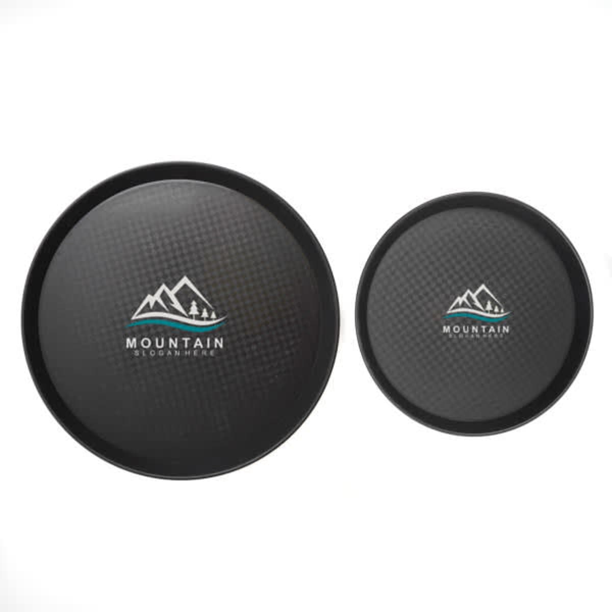 A black plastic fast food serving tray with a textured surface and mountain logo, available in two sizes.