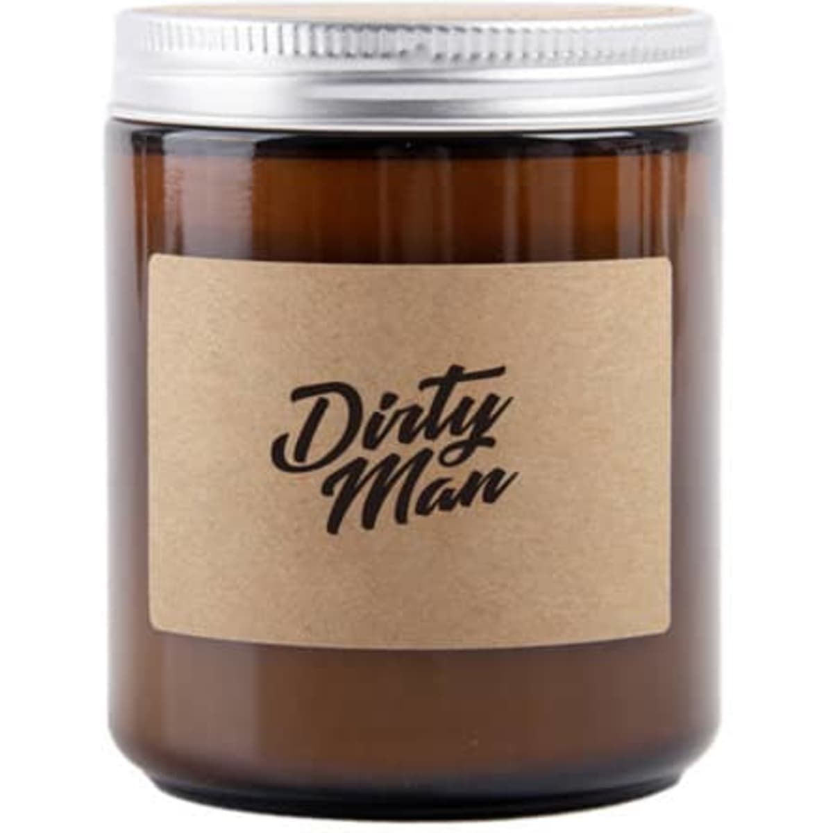 A soy wax scented candle in a dark amber jar with a silver lid and a natural paper label featuring the text "Dirty Man."
