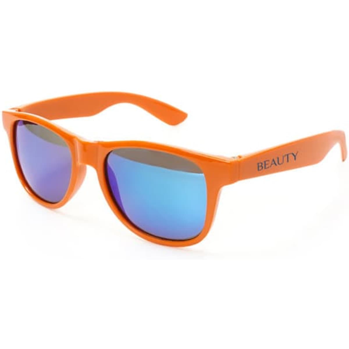 Orange sunglasses with blue mirrored lenses and branding on the side. Stylish accessory for leisure and outdoor activities.