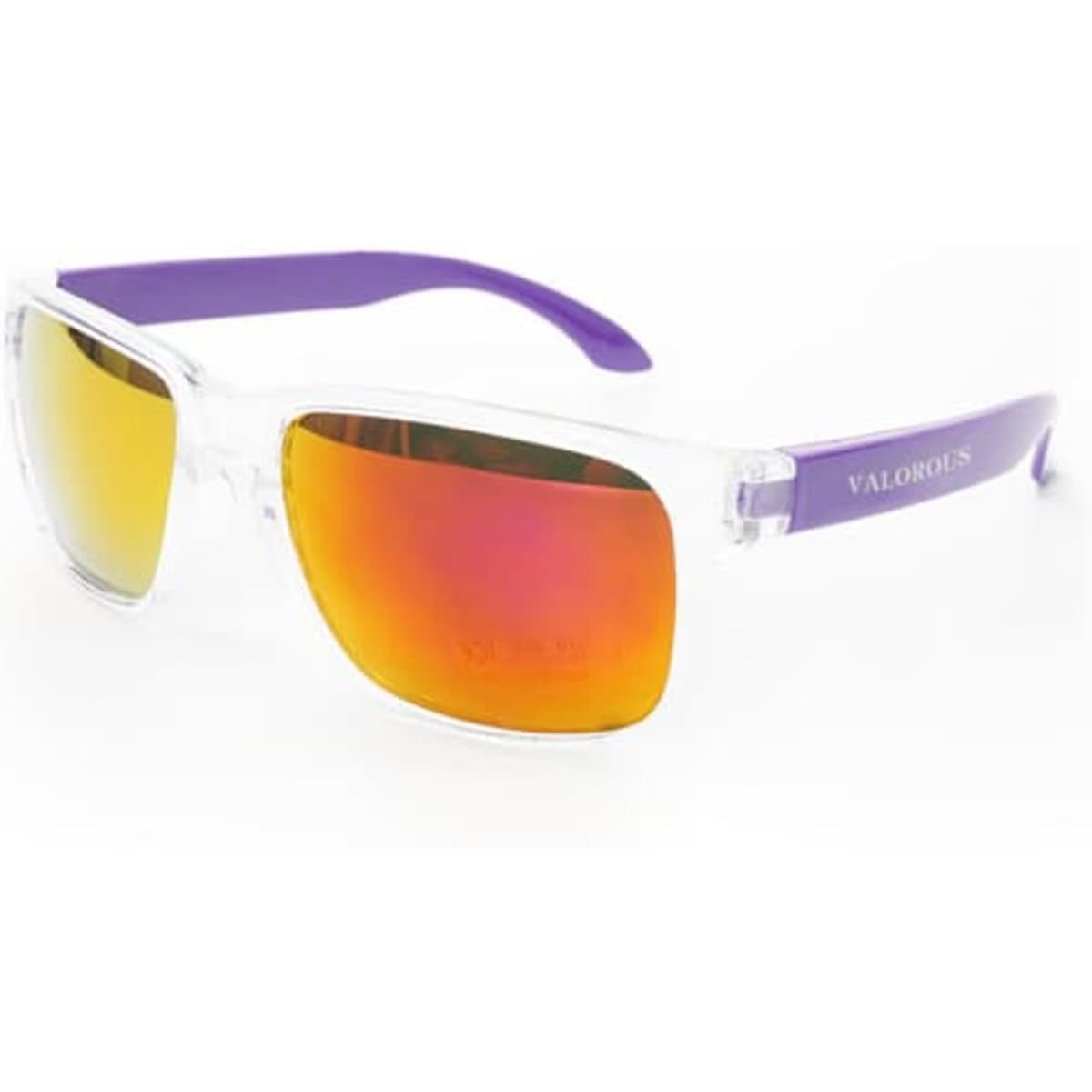 Crystalline mirrored sunglasses with clear frames and purple arms, featuring gradient orange lenses and a logo.