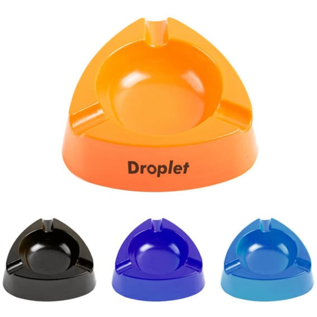 A triangular plastic ashtray in orange, with additional options in black, blue, and teal. Features a logo.