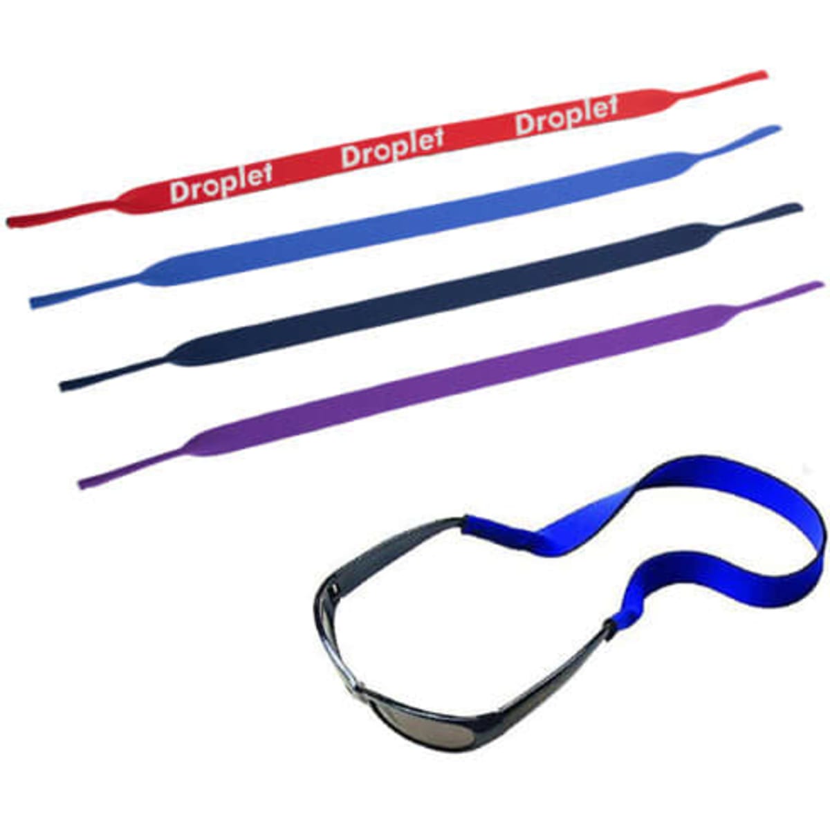 A collection of four neoprene sports glasses straps in red, navy, purple, and blue, alongside a pair of sunglasses.