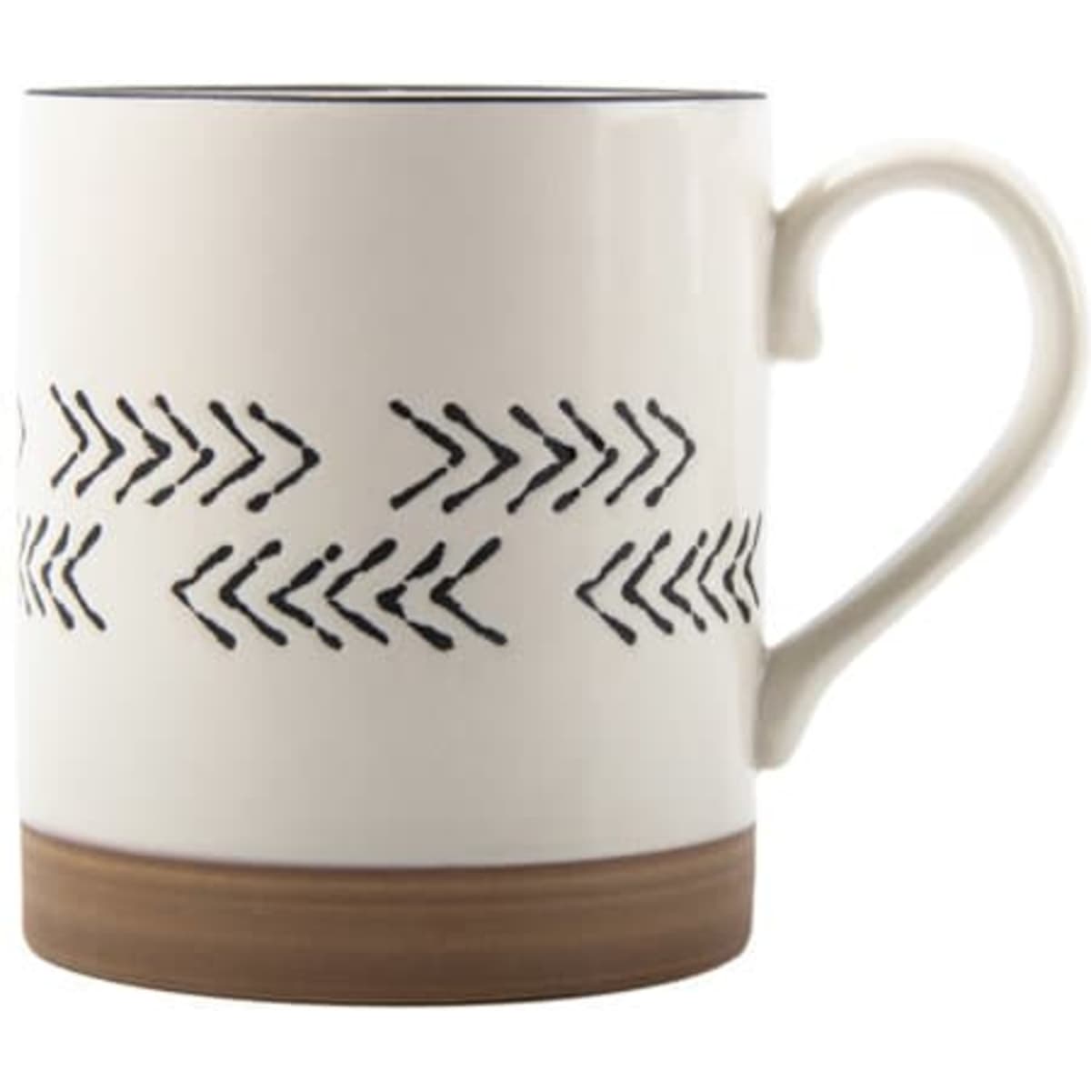 A ceramic mug with a hand-painted design featuring black arrows, cream body, and a wooden base.