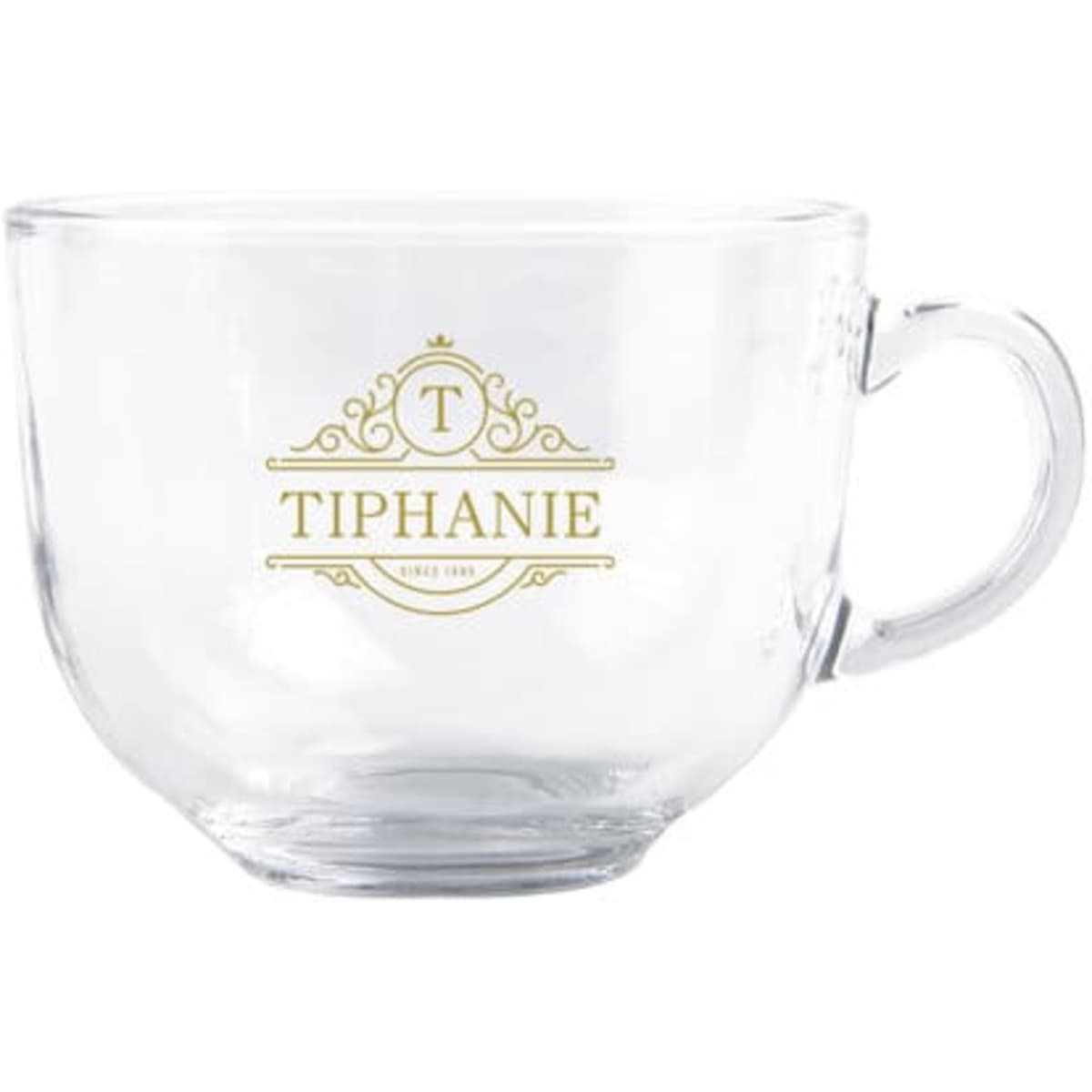 A glass wide mouth coffee mug with a handle, featuring a logo in gold. Clear and elegant design.