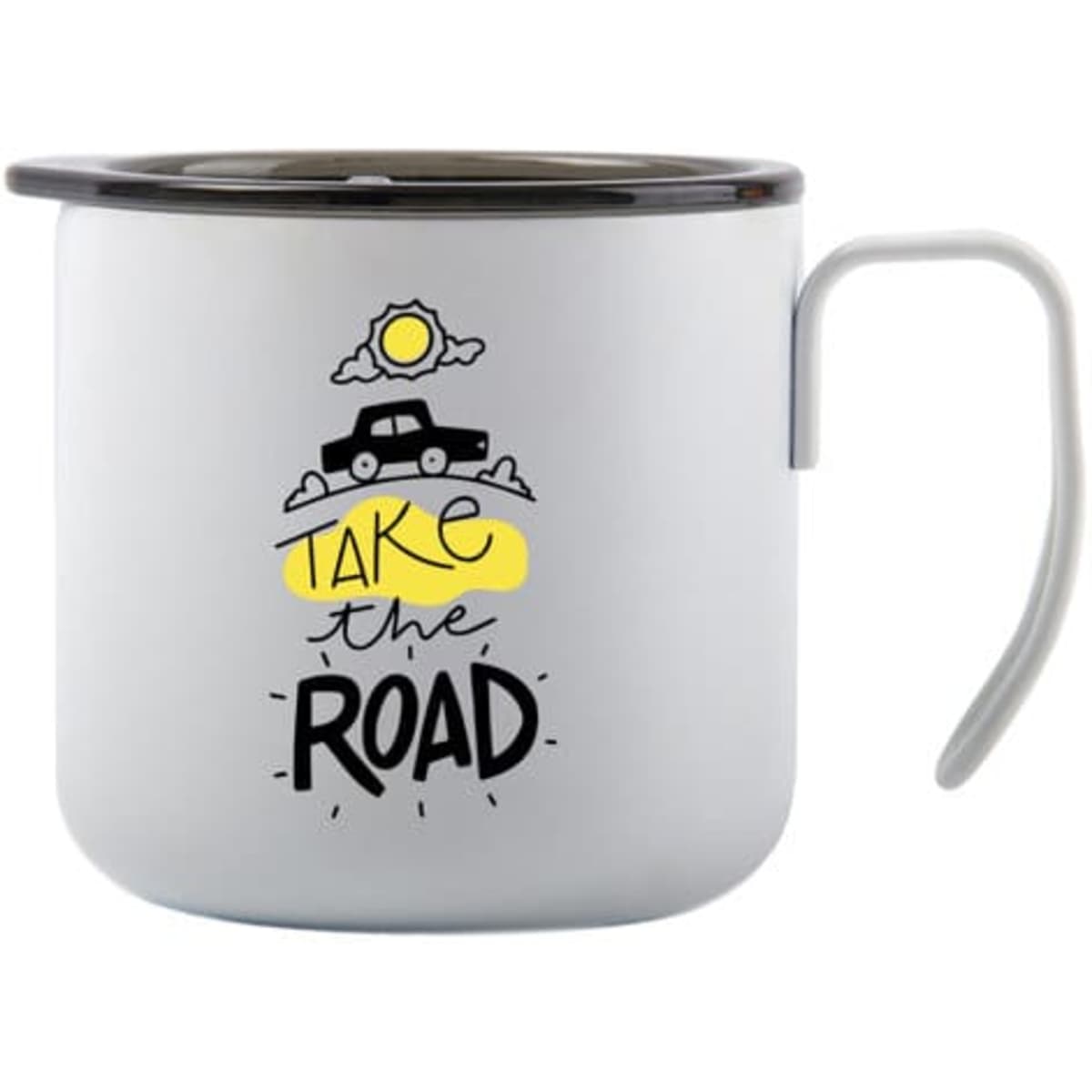 A 12 oz. stainless steel coffee mug with handle, featuring a light grey finish and a printed design.