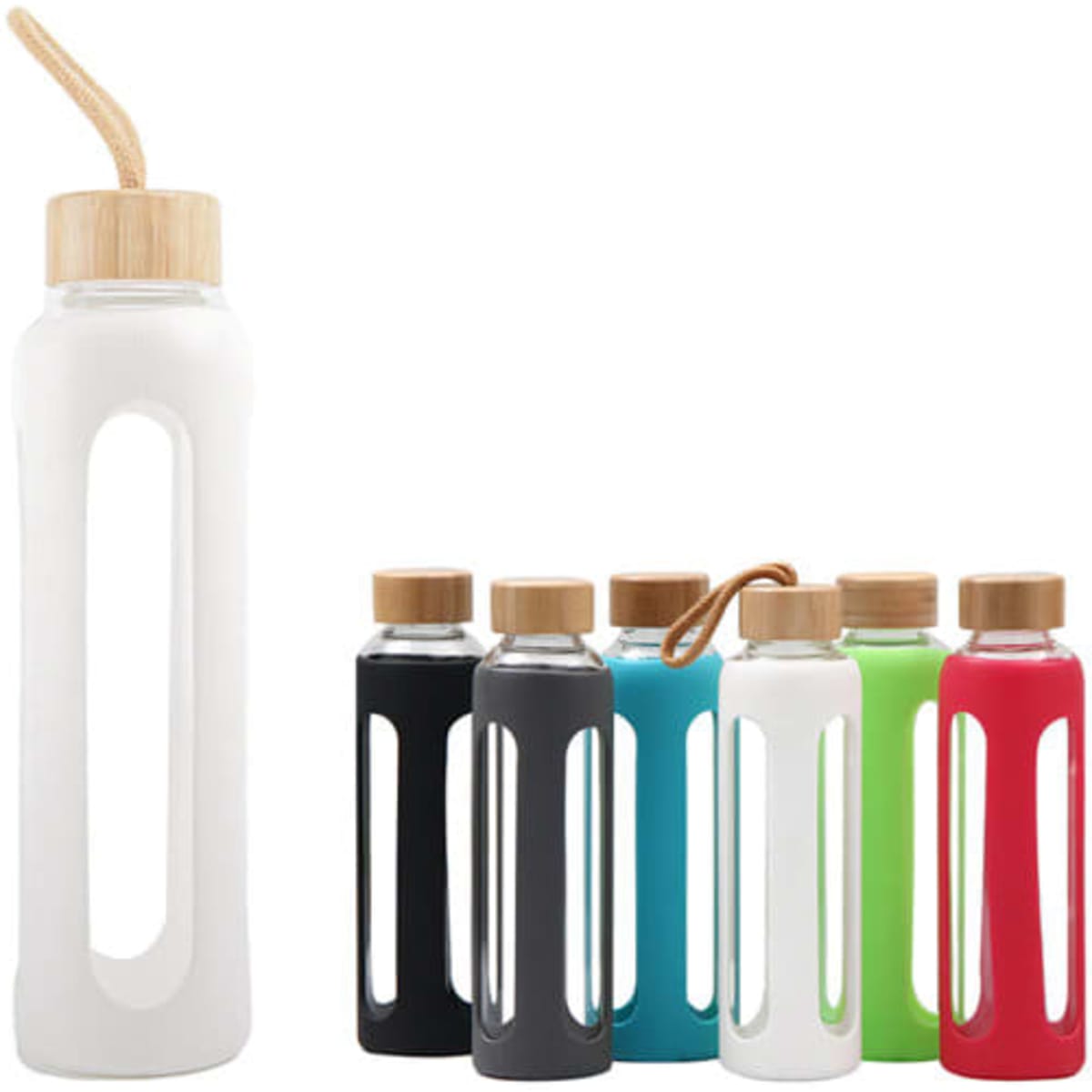 A drink bottle set featuring various coloured 18 oz. reusable glass bottles with silicone sleeves and bamboo lids.