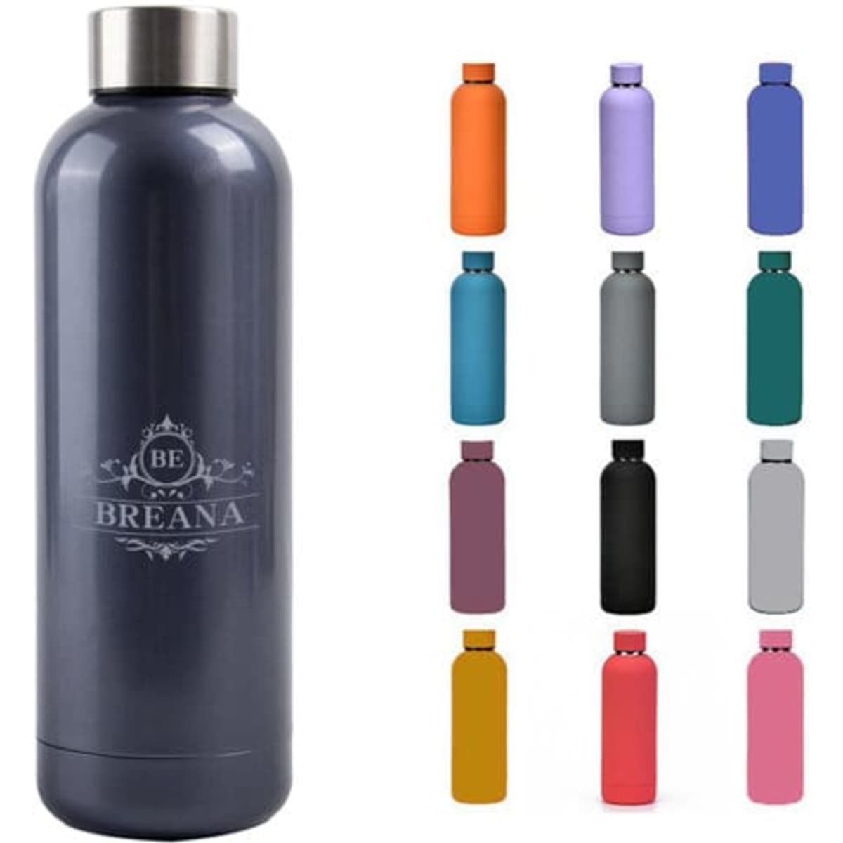 A drink bottle with a small mouth and double wall insulation, shown in various colours including grey and orange, featuring a logo.