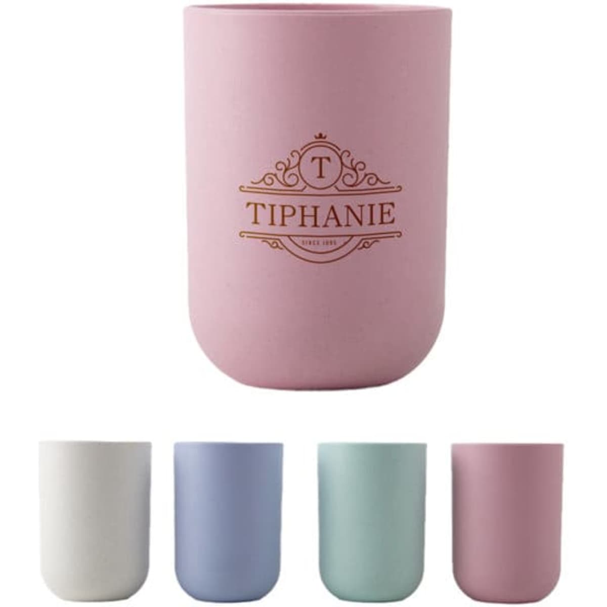 A pink plastic mouthwash cup with a logo, accompanied by white, light blue, and green cups below it.