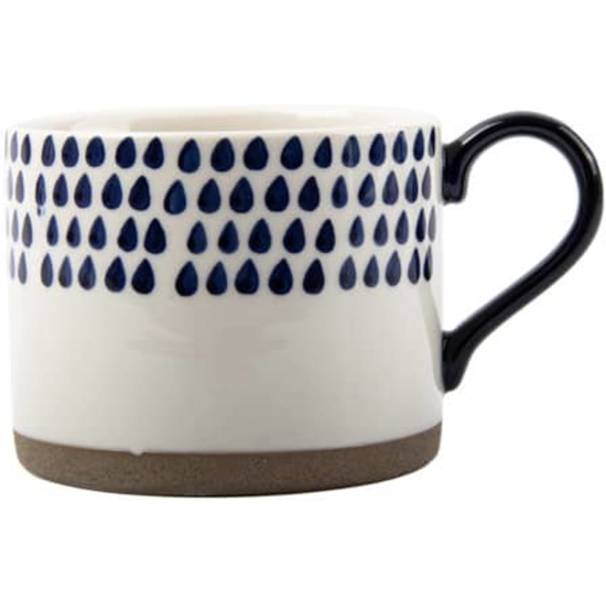 A hand-painted ceramic mug with navy blue drops design, featuring a black handle and a natural clay base.