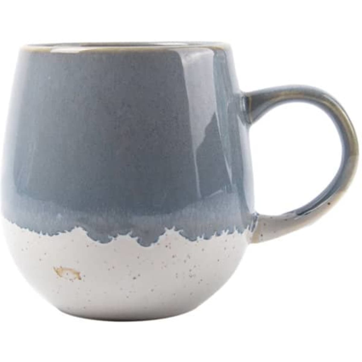 A ceramic milk mug featuring a gradient design in blue and white, with a rounded shape and handle.