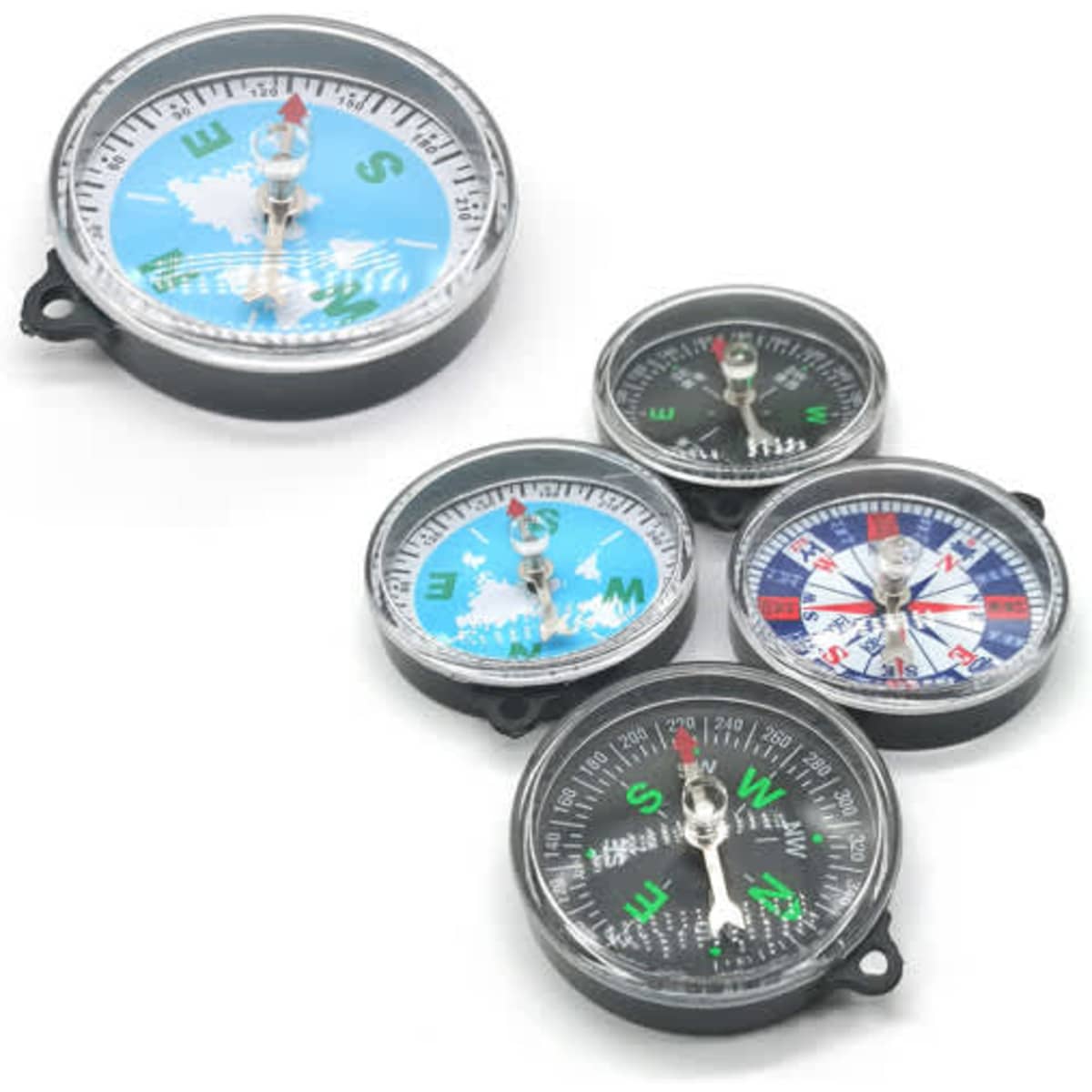 A set of five mini compasses in various sizes, featuring black cases and colourful directional markers.