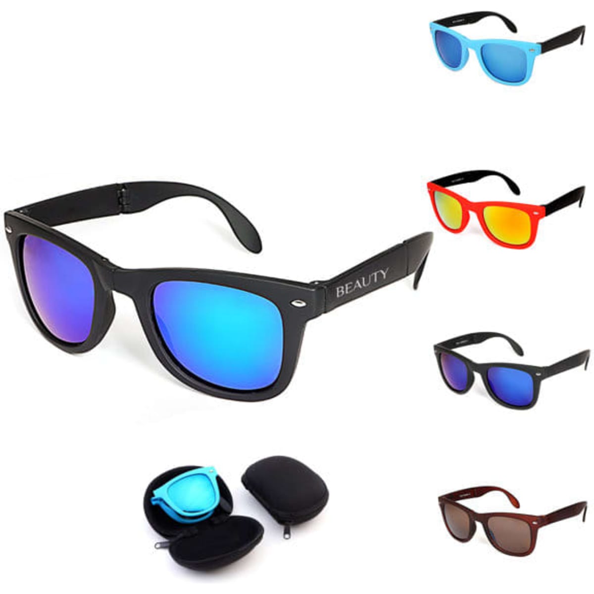 Folding classic sunglasses in various colours, featuring a black case for storage. Includes blue, red, and brown pairs.