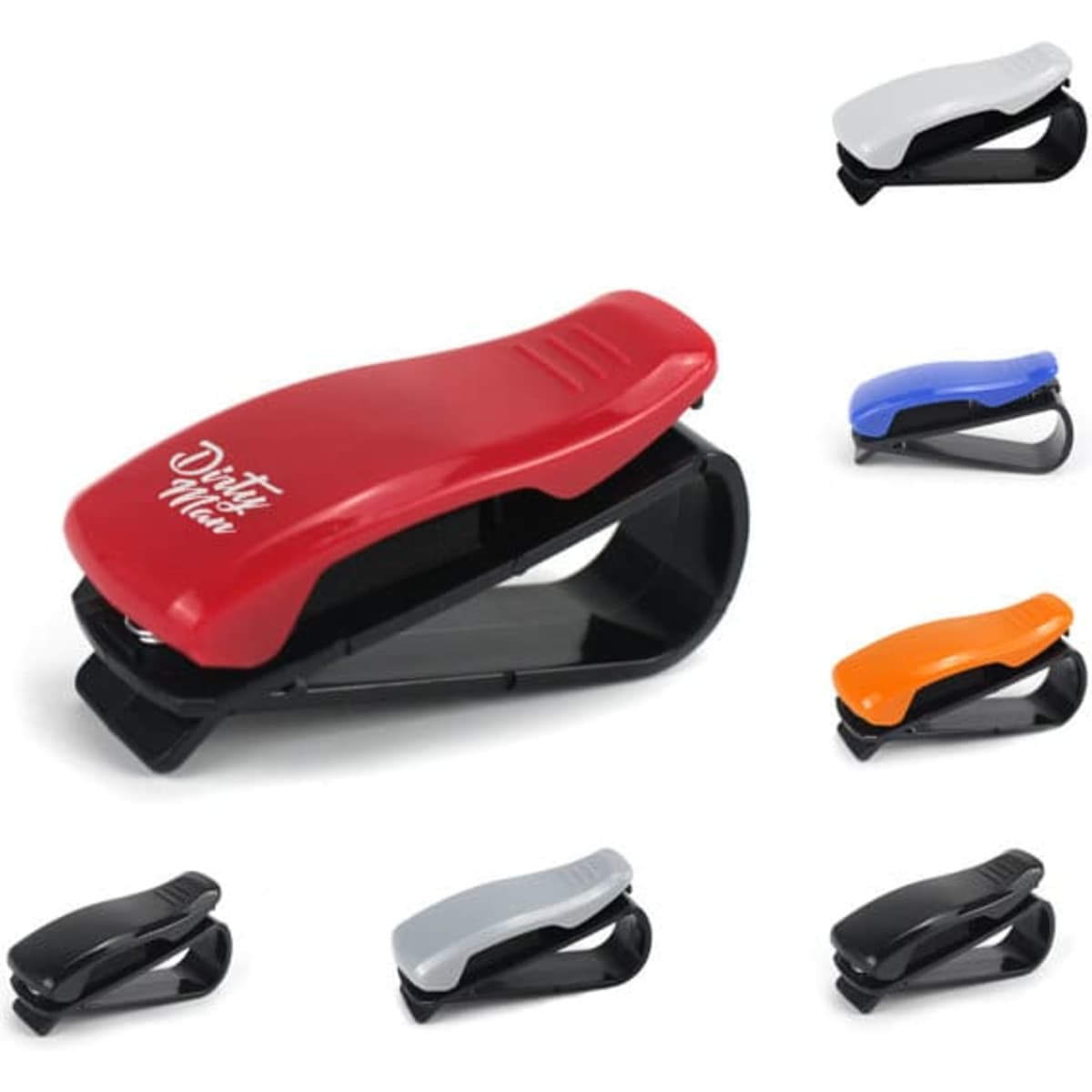 A S Type Car Glasses Clip in red, alongside clips in various colours including black, white, blue, orange, and grey.