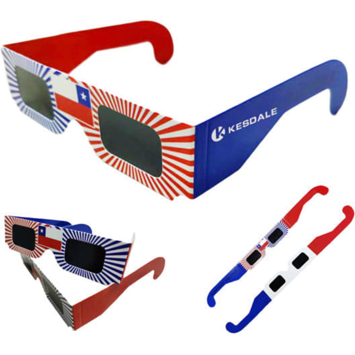 A pair of solar eclipse glasses in red, white, and blue with a design featuring a flag and a logo.