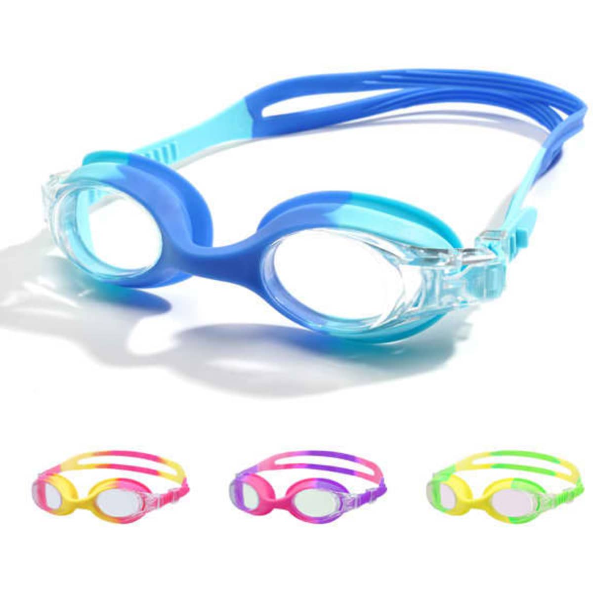 Kids swim goggles in blue and turquoise, featuring clear lenses and a variety of strap colours: pink, purple, and yellow.