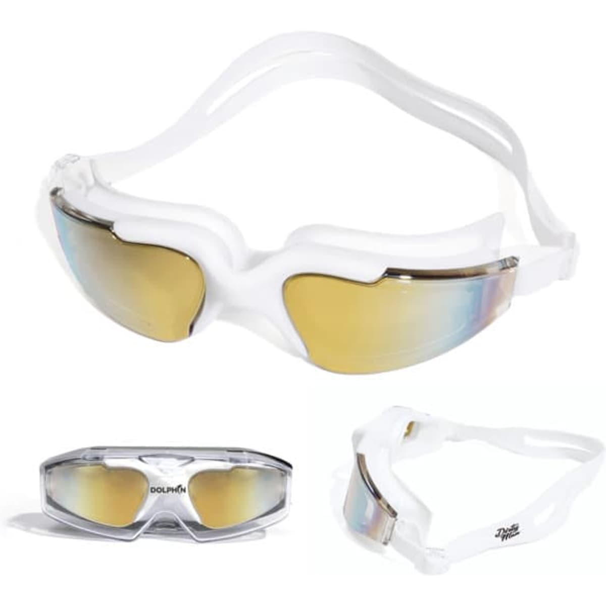 Electroplated swimming goggles in white with reflective yellow-tinted lenses, featuring a branded logo.