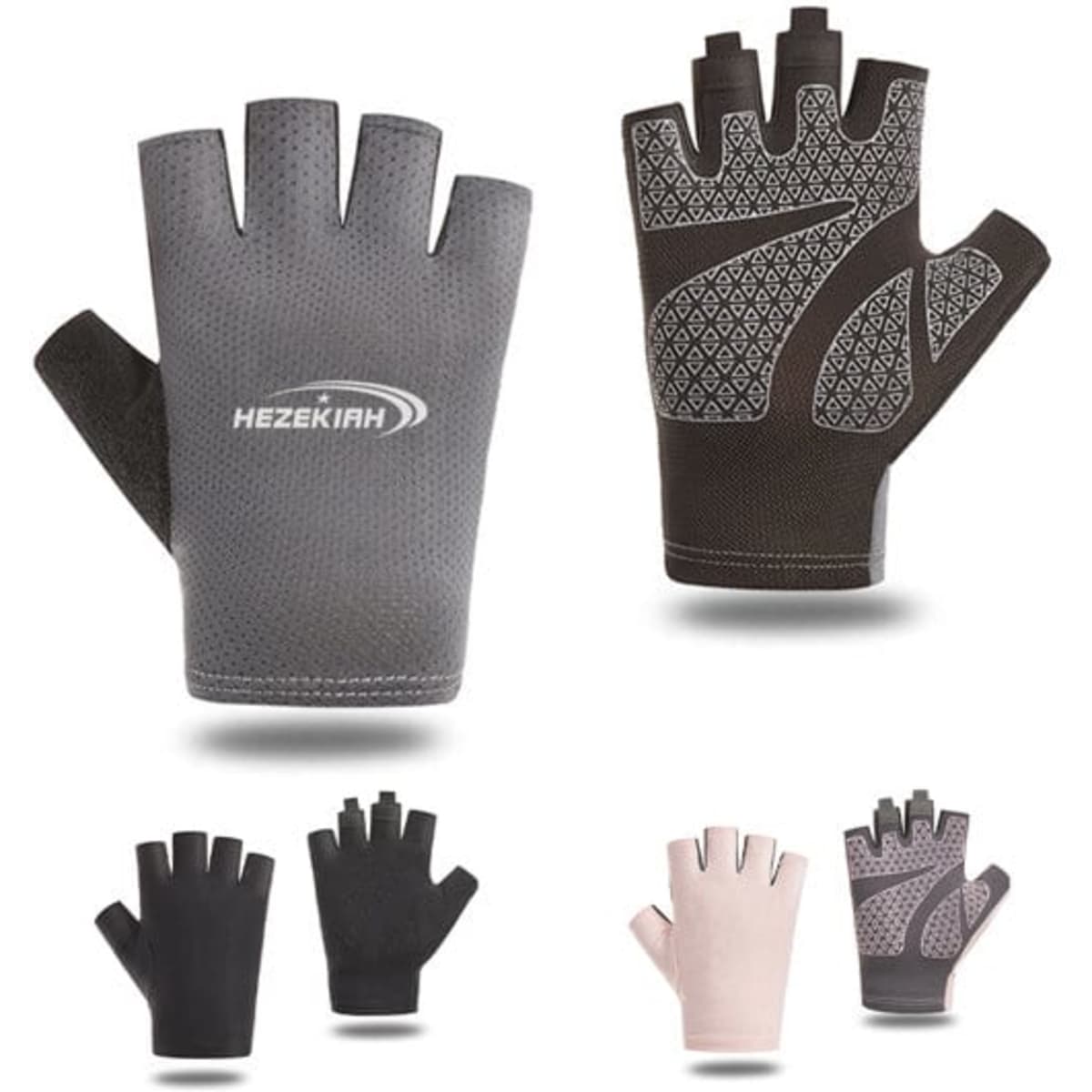 Ice silk half finger riding gloves in grey, black, and light pink, featuring a textured design and a logo.