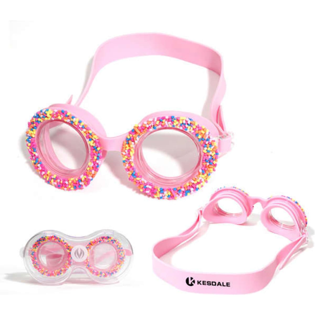 A pair of pink kids swim goggles adorned with colourful decorations, featuring a transparent case and a logo.