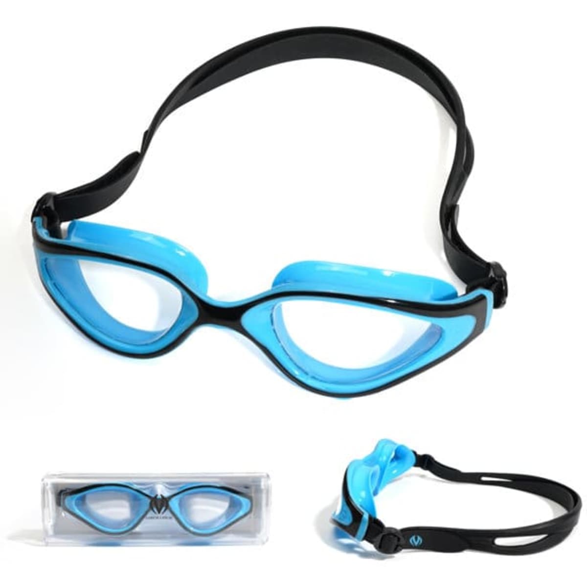 HD anti-fog swimming goggles in black and blue, featuring a sleek design and a transparent protective case.