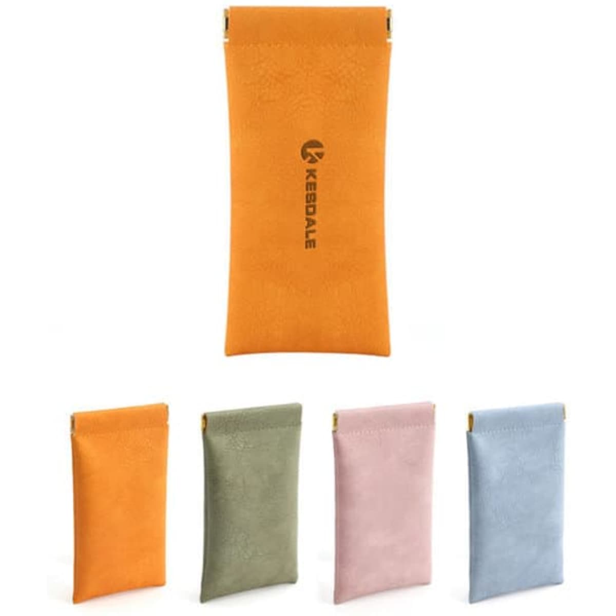 An orange eyeglass soft pouch with a logo, alongside pouches in green, pink, and blue.