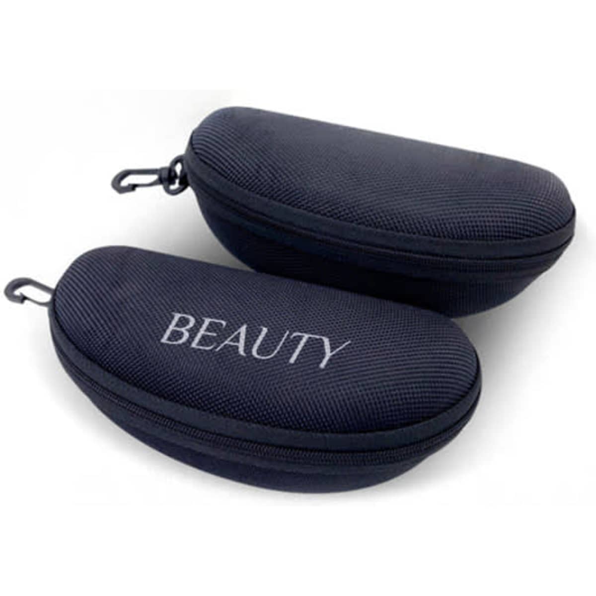 A set of two black EVA zipper eyeglasses cases with a textured finish and a logo on one side.