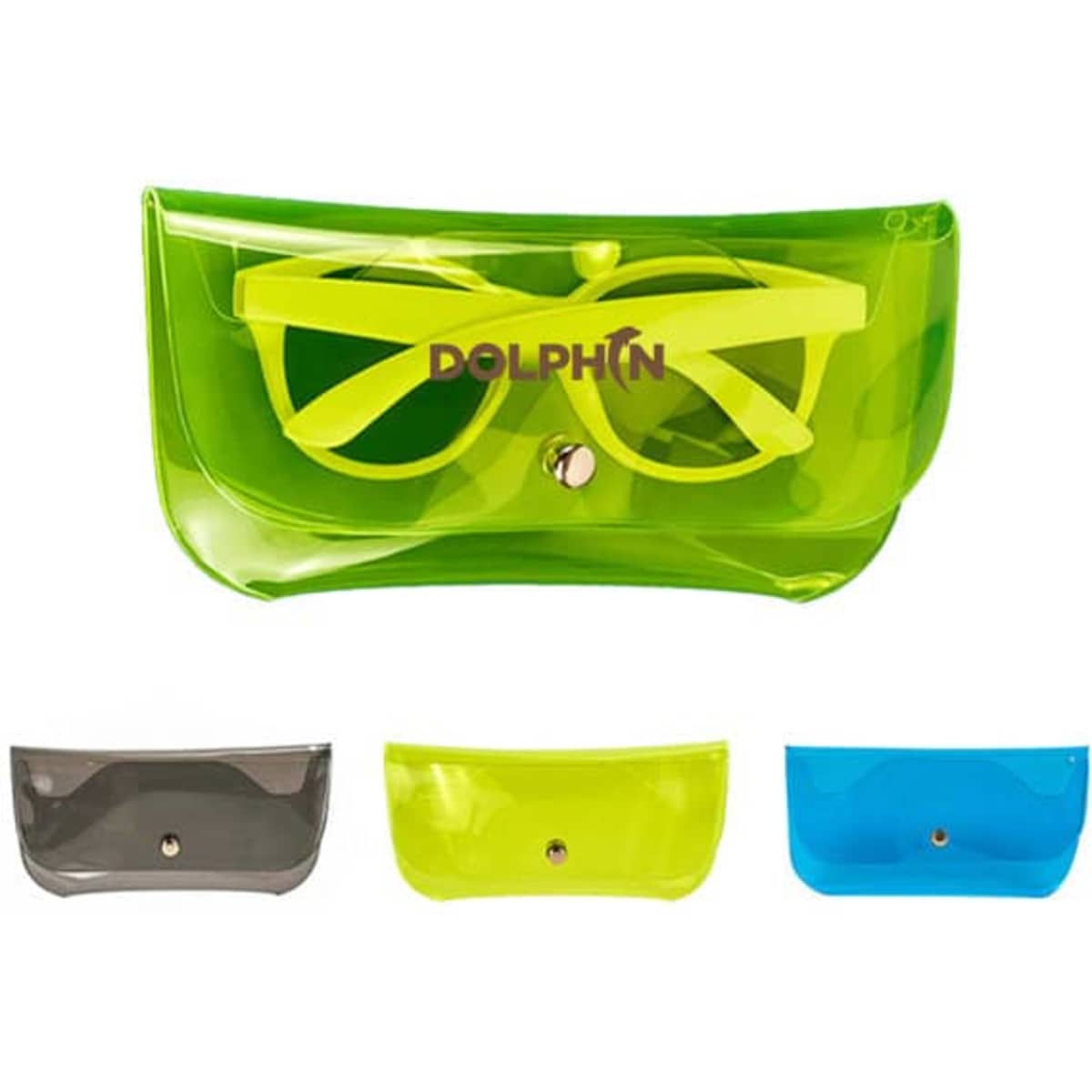 A clear PVC pouch in green, holding yellow sunglasses, with additional pouches in grey, yellow, and blue. Features a logo.