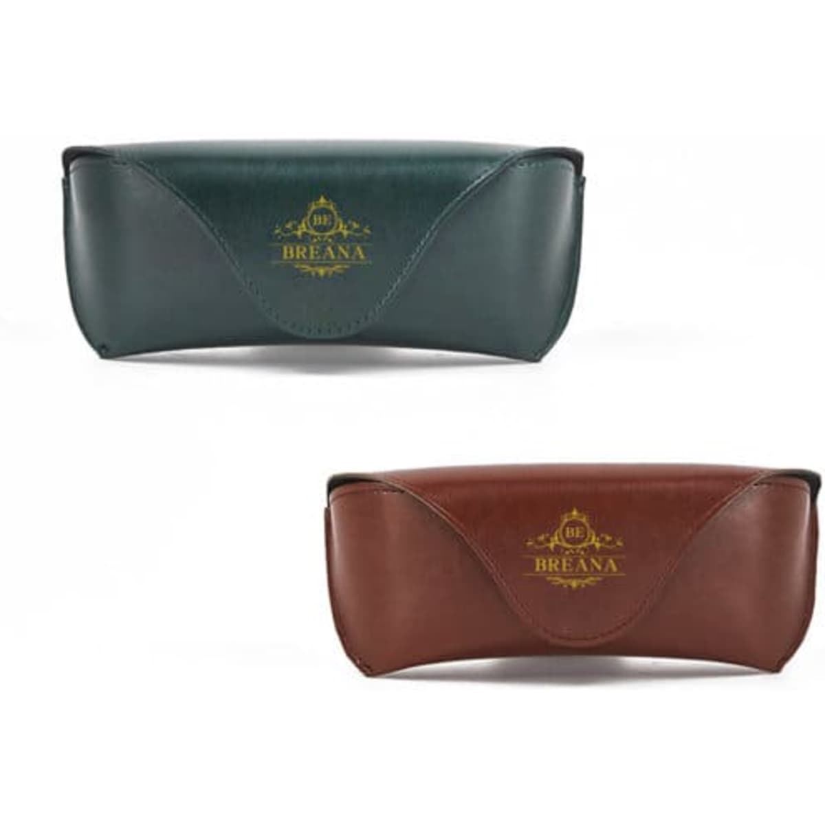 A PU leather sunglasses case in green and brown, featuring a logo on the front.