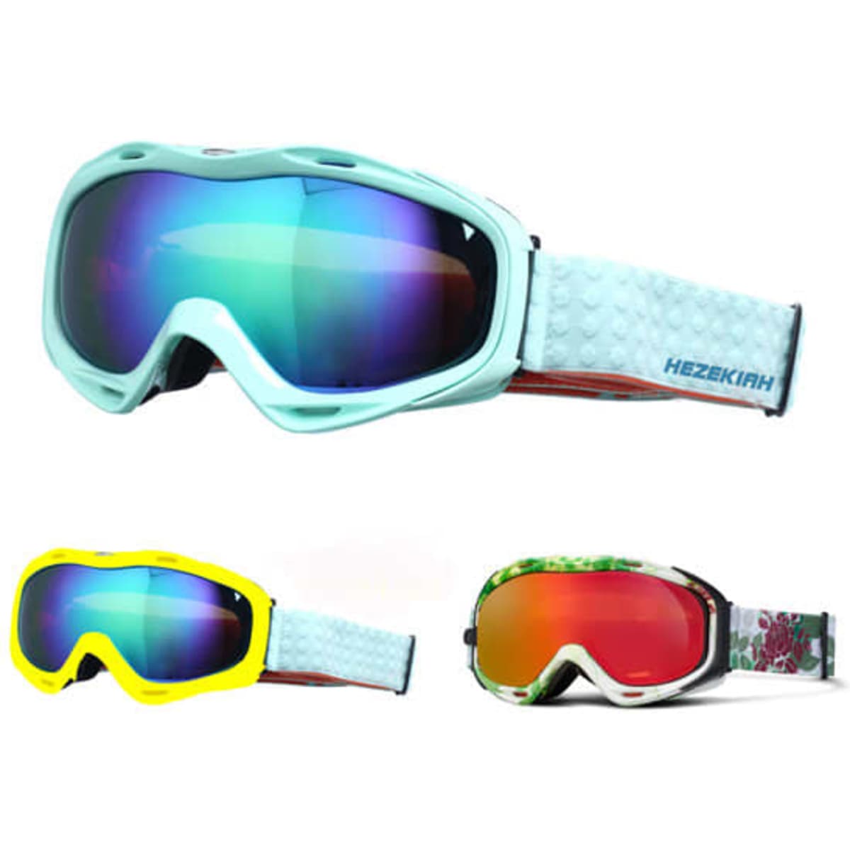 Three pairs of ski goggles featuring a light blue frame, yellow frame, and a floral pattern frame with colourful lenses.