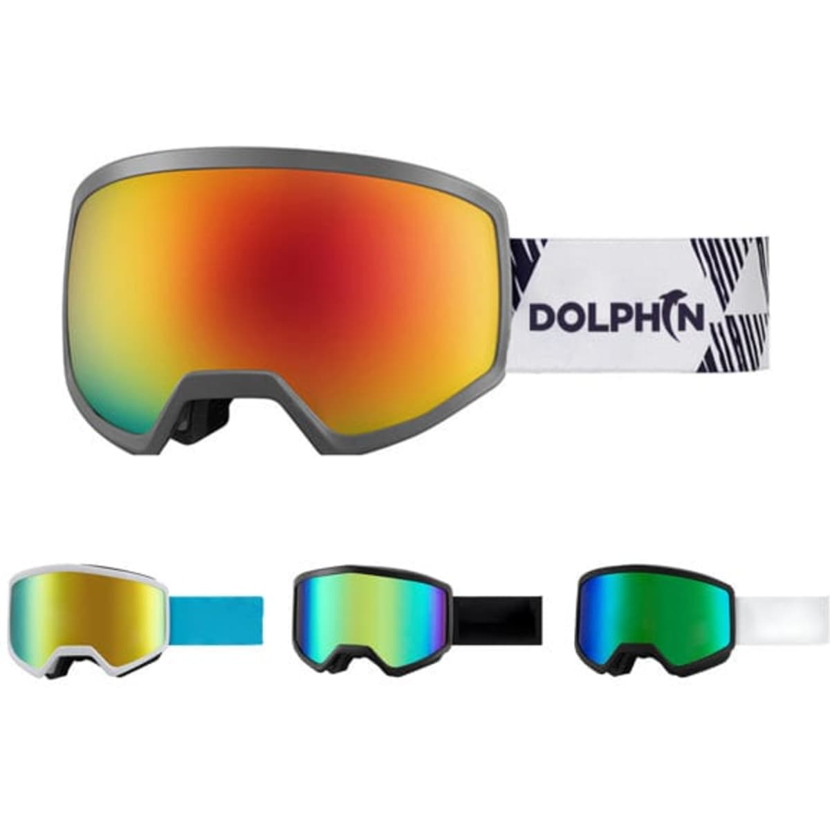 Double layer ski goggles in various styles and colours, featuring reflective lenses and a branded strap.
