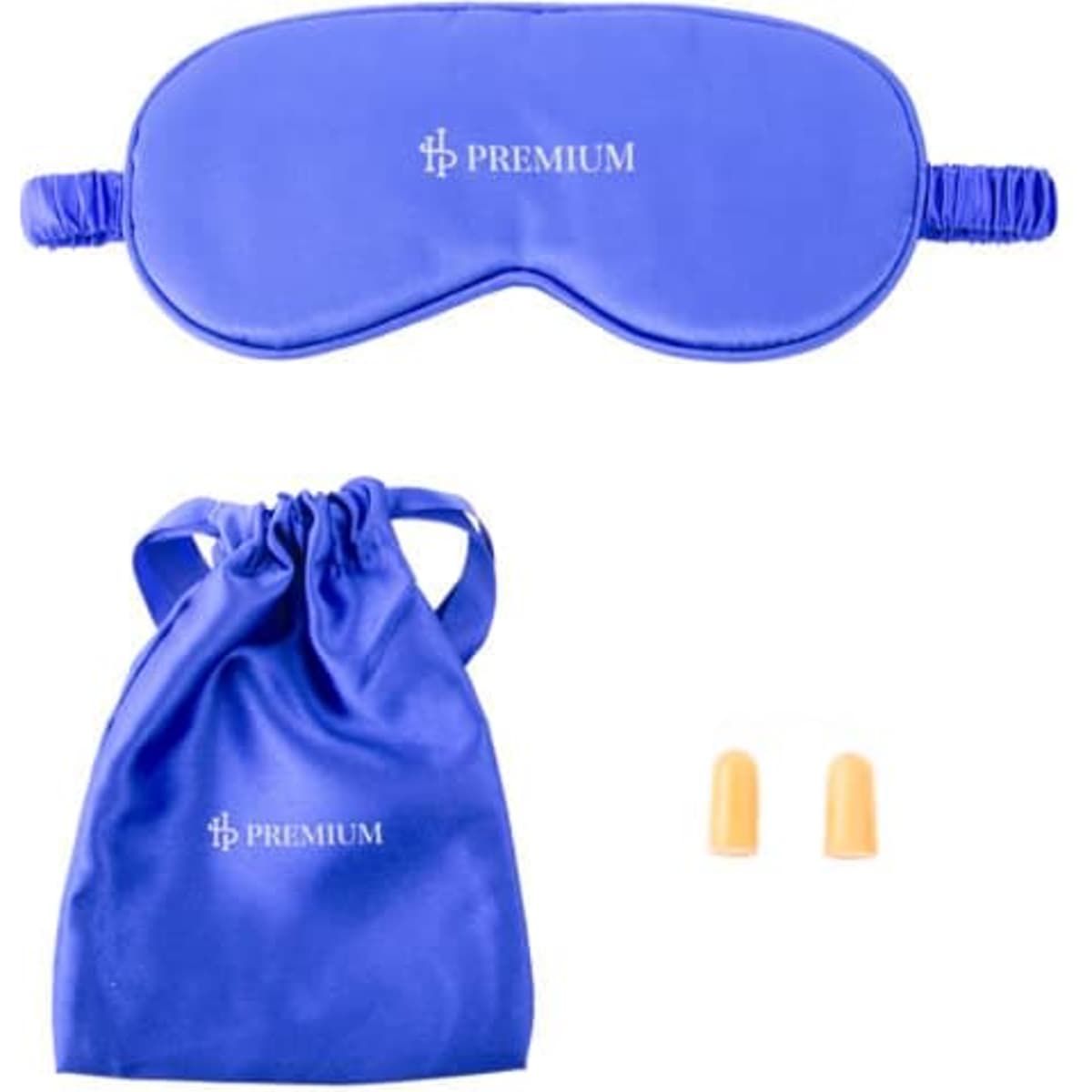A blue silk sleep mask with a matching drawstring pouch and orange earplugs. The set includes a logo.
