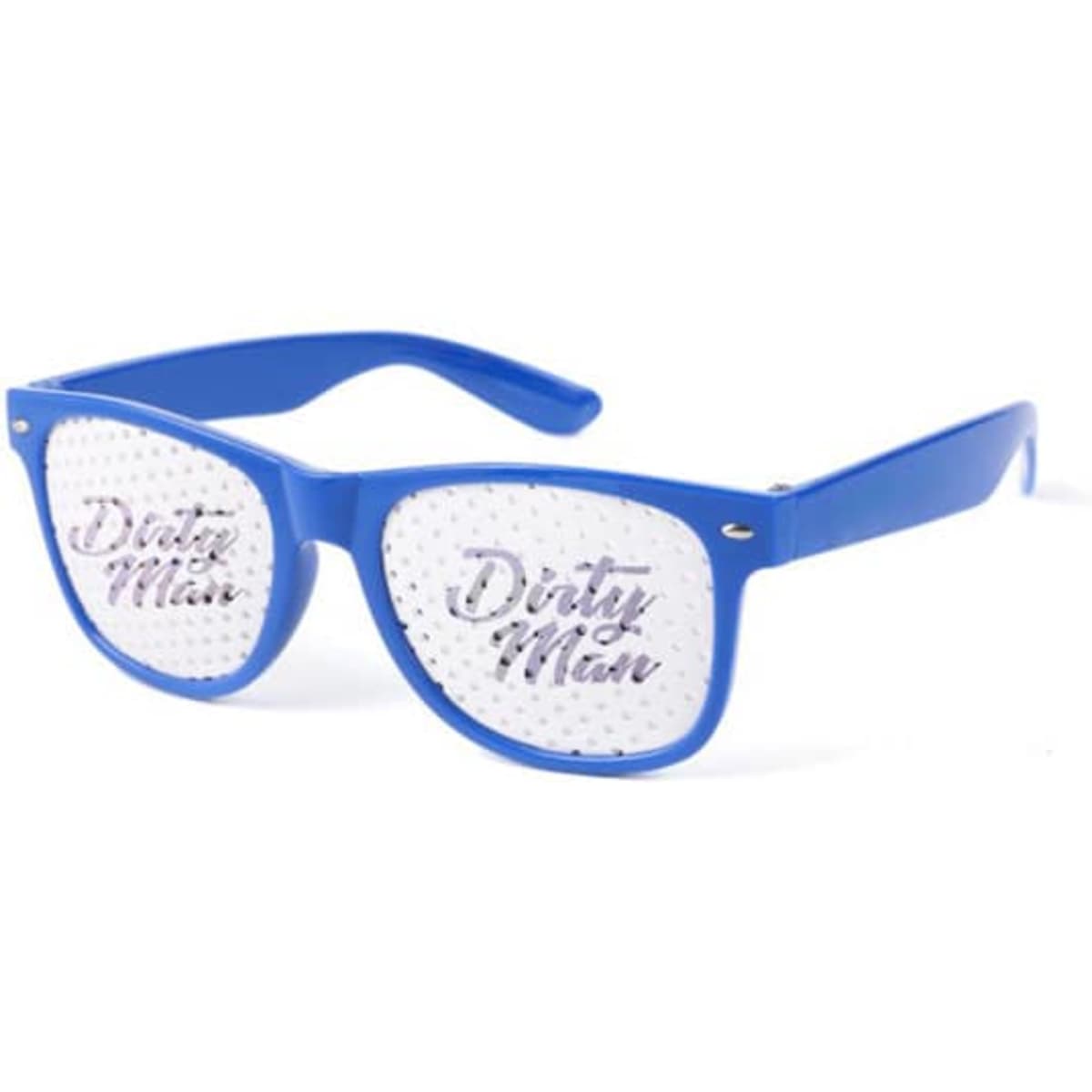 A pair of blue sticker sunglasses featuring a logo on the lenses, designed for casual wear.