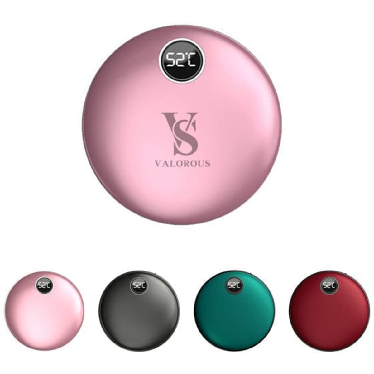 A pink hand warmer with power bank function, featuring a digital temperature display, alongside green, red, and black variations.