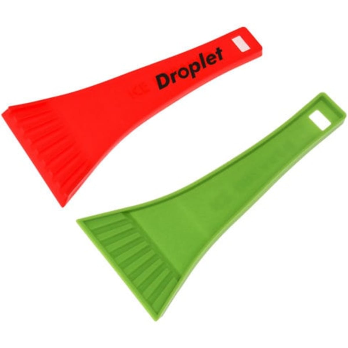 A red and green ice scraper with a textured edge and a handle, featuring a logo on one side.