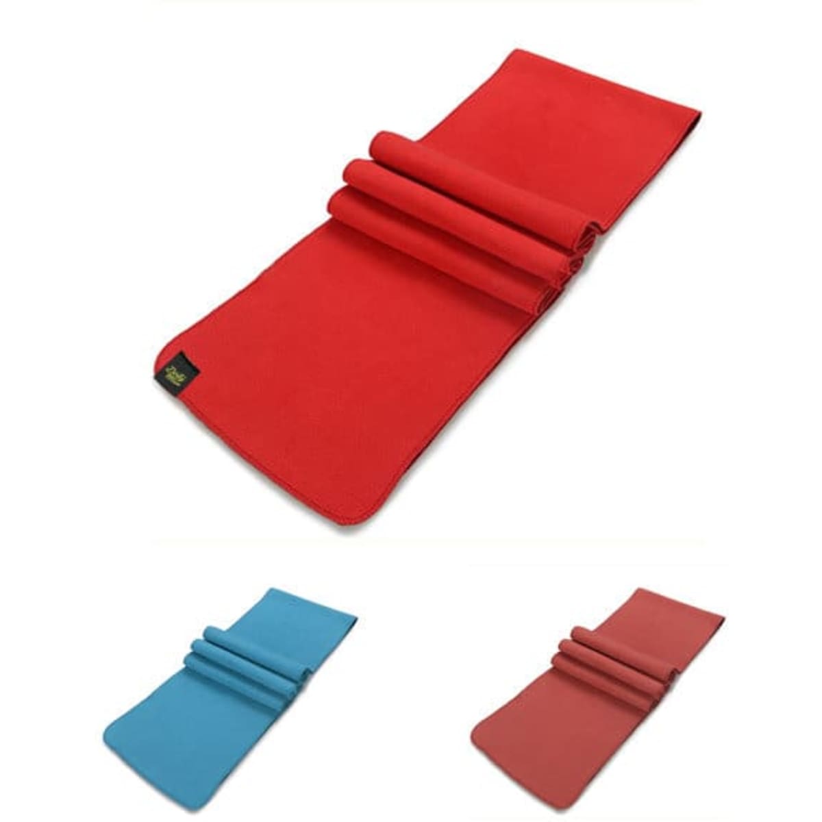 A polar fleece scarf in red, folded in sections, alongside two other scarves in blue and red. Each scarf features a logo.