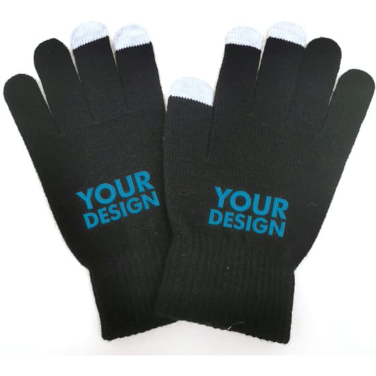 Black knitted touchscreen gloves with light grey tips and a branding logo. Suitable for use with touchscreen devices.
